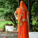 Orange Danka Work Poshak with Aari Embroidery & Pure Georgette Odhani | Traditional Rajasthani Ensemble
